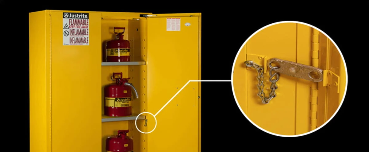 Justrite Yanıcılar için Emniyetli Dolaplar Açık Justrite yanıcı madde saklama dolabı ve emniyet kilidi detayı