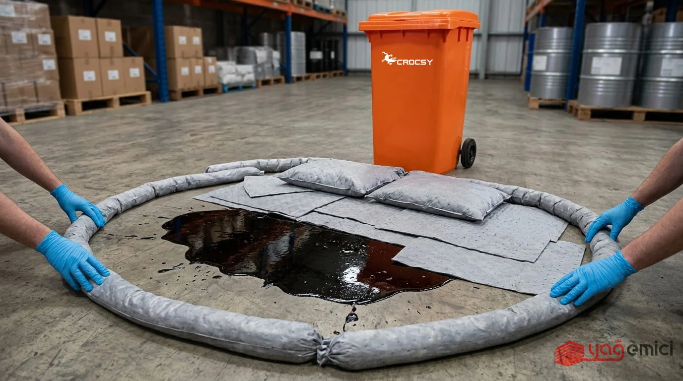 Endüstriyel sızıntı müdahalesi için kullanılan tekerlekli döküntü kiti ve absorban ekipmanlar