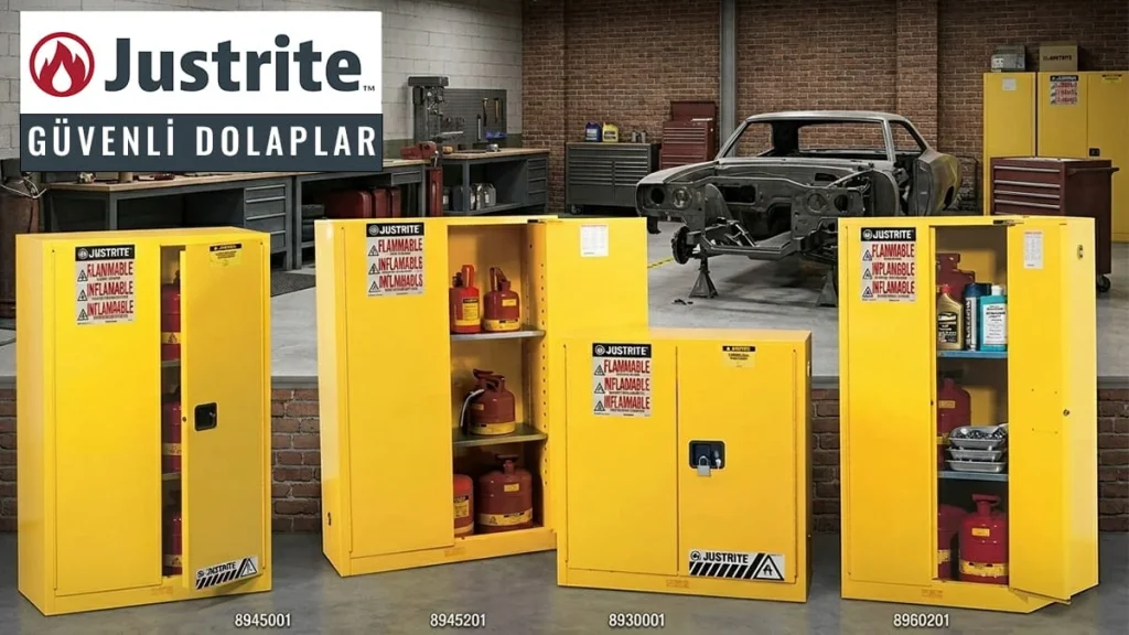 Justrite FM onaylı yanıcı ve parlayıcı sıvı depolama dolabı - Sarı renkli çift duvarlı çelik konstrüksiyon